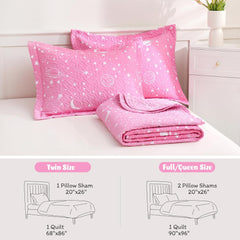 Gradient Pink Stars Kids Quilt Set Full/Queen, Space Theme Girls Bedspread Coverlet with Pillow Shams, Soft Lightweight Summer Quilted Blanket