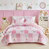 Quilt Set for Girls, Pink Butterflies n Flowers Patchwork Design, 2 Pieces Soft n Cozy Microfiber Quilt, Bedspread Bed Cover for All Seaso