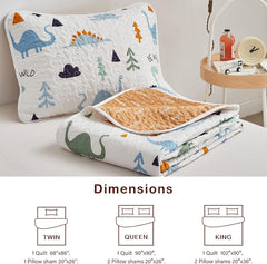 2-Piece Cotton Quilt Set Twin, Cute Dinosaur Reversible Design for Kids Boys n Girls, Breathable Skin-friendly Quilt Bedspread Bed Cover for All Season