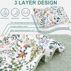 100% Cotton Quilt Set Full Queen Size 3 Piece, Garden Style Floral Printed Bedding Coverlet Set, Lightweight Soft Reversible Bedspread Sets for All Season (1 Quilt & 2 Pillow Shams)