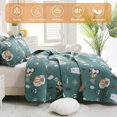 Green Forest Animal Kids Quilt Set Full/Queen, Boys Girls Printed Bedspread Coverlet with Pillow Shams