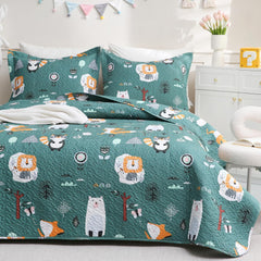 Green Forest Animal Kids Quilt Set Full/Queen, Boys Girls Printed Bedspread Coverlet with Pillow Shams