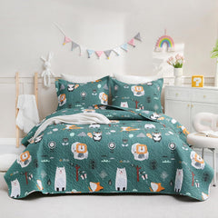Green Forest Animal Kids Quilt Set Full/Queen, Boys Girls Printed Bedspread Coverlet with Pillow Shams