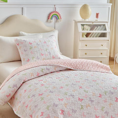 Quilt Set for Girls, Colorful Butterflies Pink Design, 2pcs Soft n Cozy Microfiber Quilt