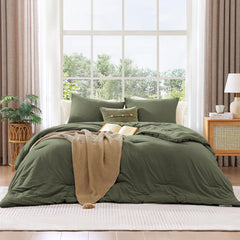 Comforter Set - 3 Pieces Prewashed Olive Green Comforter Soft Lightweight for All Seasons