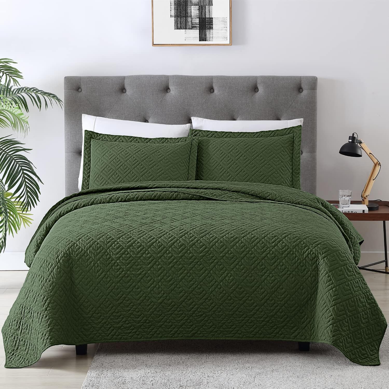 Steppdecken-Set, Queen-Size-Bett, Olivgrün, 3-teilig, leichte, weiche – SNOWLOTUS HOME