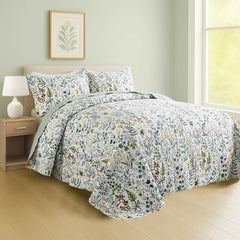 100% Cotton Quilt Set Full Queen Size 3 Piece, Garden Style Floral Printed Bedding Coverlet Set, Lightweight Soft Reversible Bedspread Sets for All Season (1 Quilt & 2 Pillow Shams)
