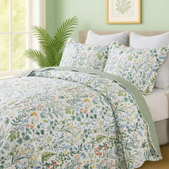 100% Cotton Quilt Set Full Queen Size 3 Piece, Garden Style Floral Printed Bedding Coverlet Set, Lightweight Soft Reversible Bedspread Sets for All Season (1 Quilt & 2 Pillow Shams)