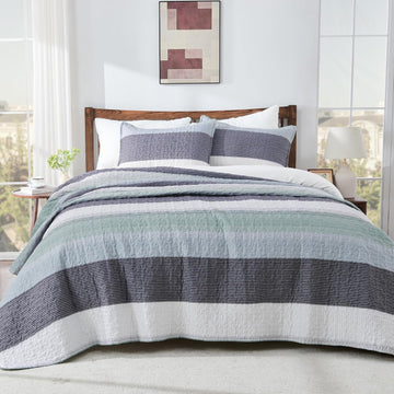 King Size Quilt Set Sage Green, 3 Pieces Mint Green Ultra Soft Lightweight Bedspreads & Coverlets Set, Patchwork Striped Quilted Bedding Sets for All Seasons