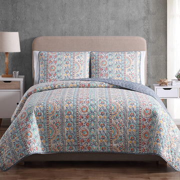 Bohemian Quilt Set Full Queen Size 3 Piece, Cosima Striped Pattern Printed Bedding Coverlet Set, Lightweight Soft Reversible Bedspread Sets for All Season