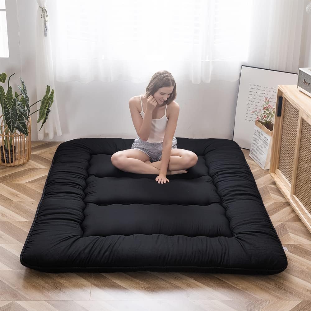 Japanese Floor Mattress Futon Mattress, 4" Thicken Tatami Mat Sleeping Pad Foldable Roll Up Mat Boys Girls Dormitory Pad Kids Floor Lounger Pillow Bed, Black, Full