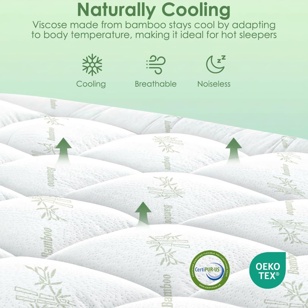 Queen Mattress Topper Viscose Derived from Bamboo, Cooling Thick Pillow Top Mattress Pad with Deep Pocket for 8"-18" Mattress, Soft Breathable Mattress Topper for Back Pain Relief, Green