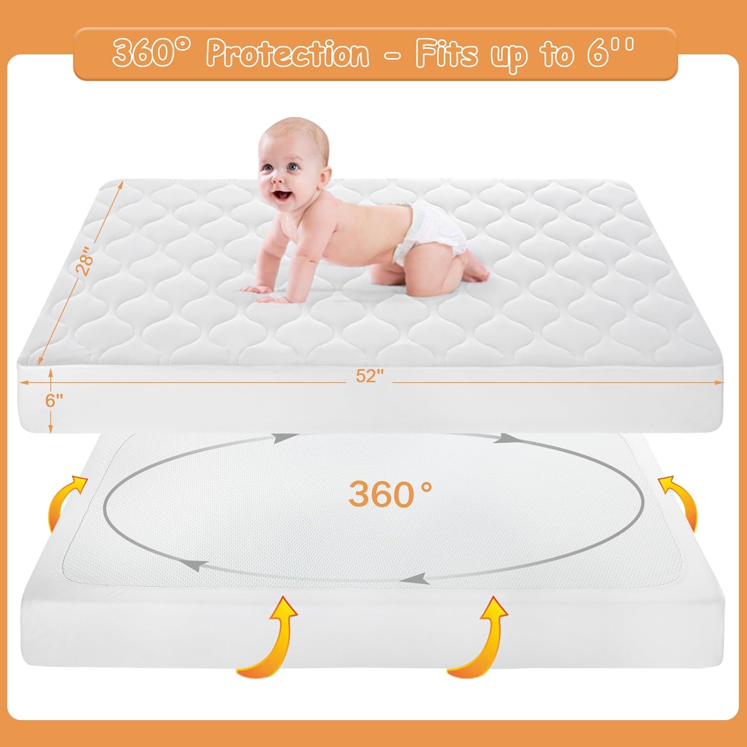 Waterproof Crib Mattress Protector, Quilted Infant Mattress Pad Cover Soft and Breathable