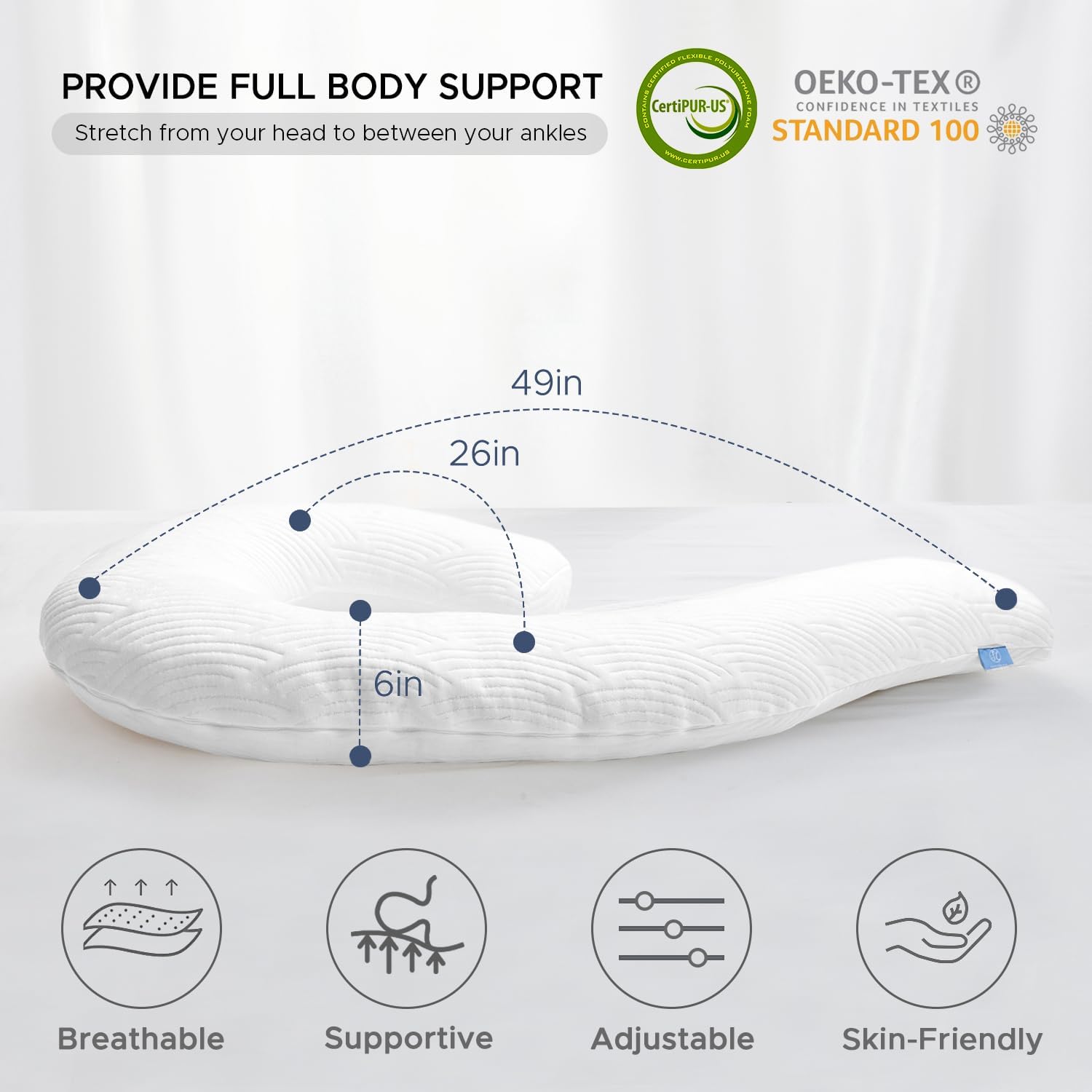 Body Pillow for Adults - Soft Long Bed Pillows Insert for Sleeping - Shredded Memory Foam & Removable Washable Cover
