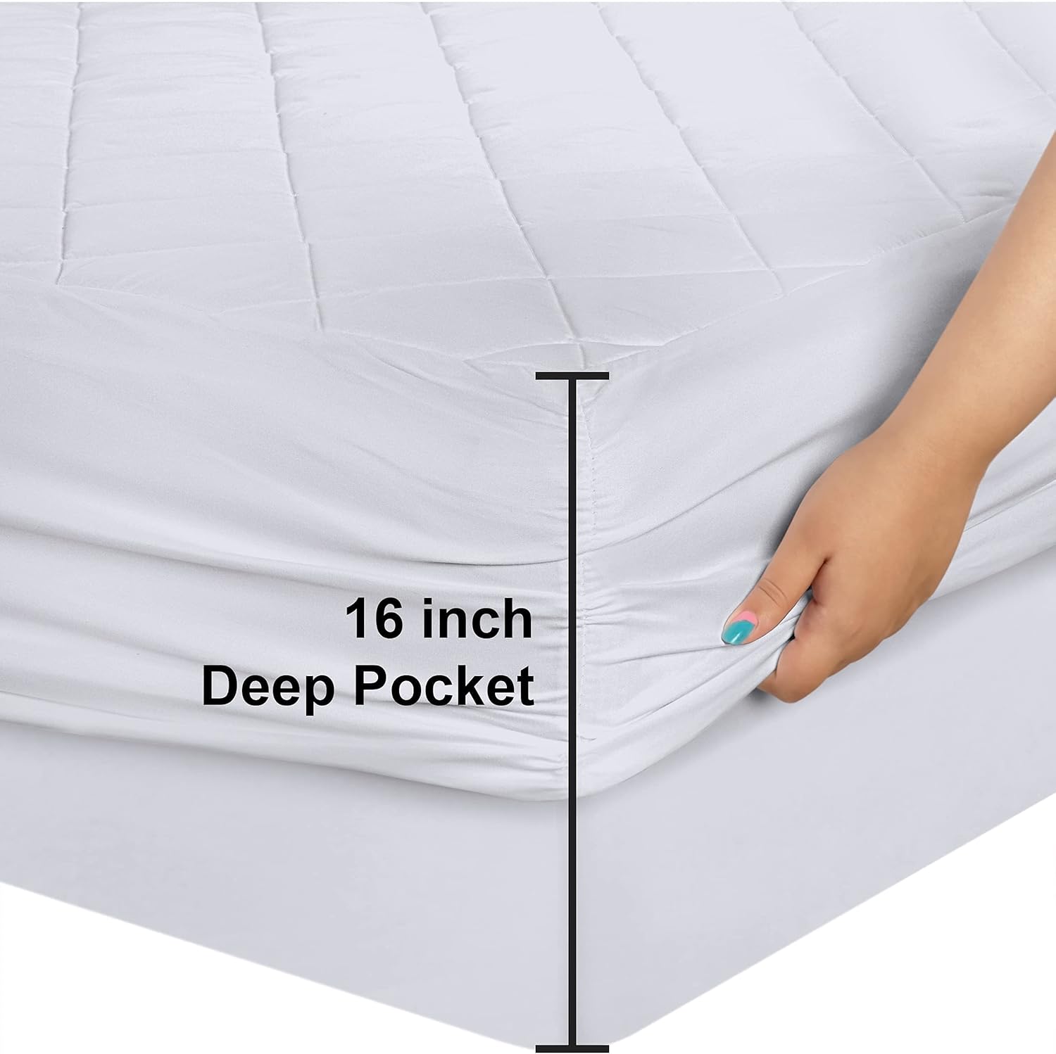 Quilted Fitted Mattress Pad, Queen Size, Elastic Fitted Mattress Topper Protector and Cover Stretches up to 16 Inches Deep, Machine Washable (White)