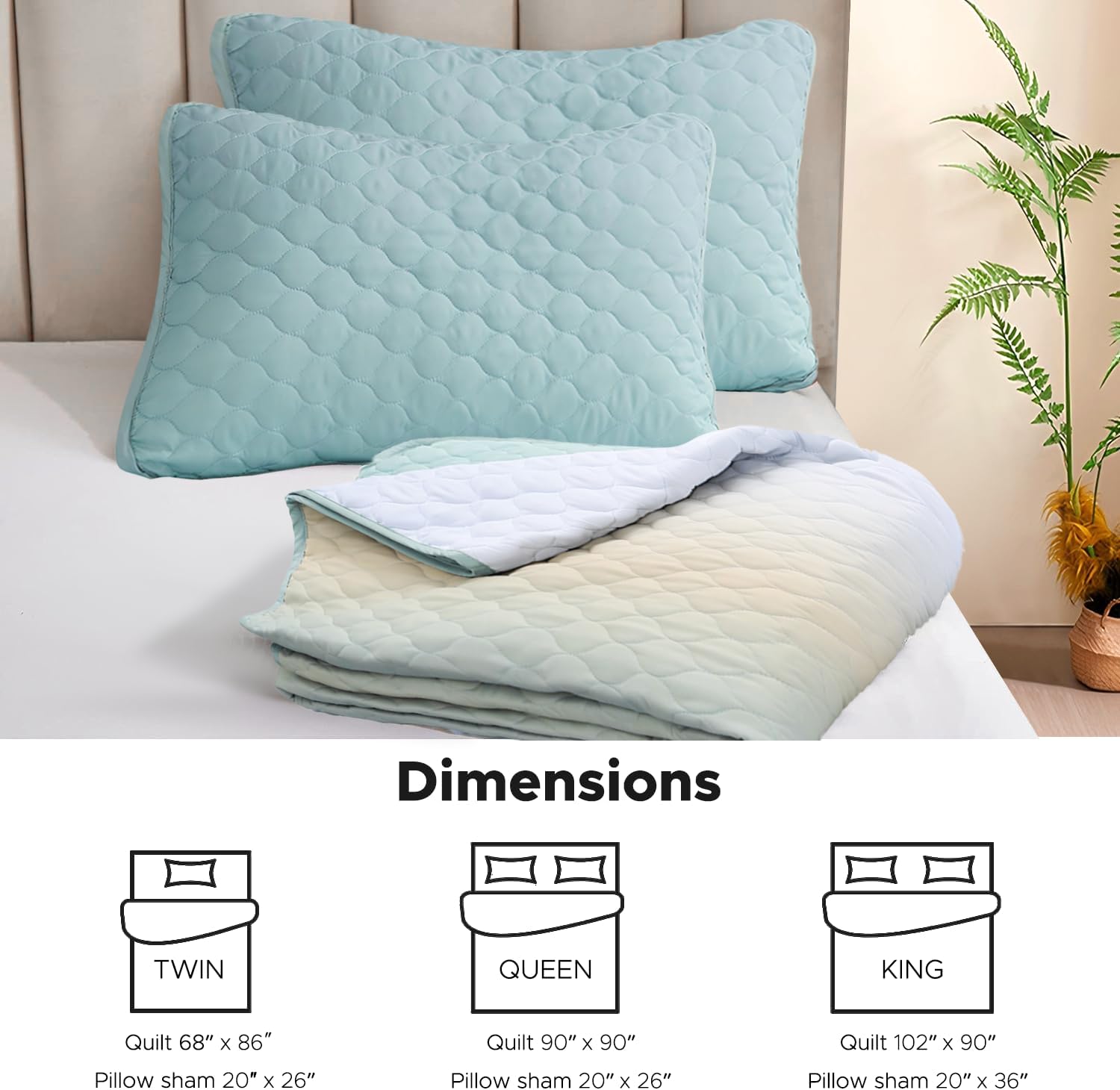 Quilt Set Full Queen Size 3 Piece, Gradient Green Pattern Printed Bedding Coverlet Set, Lightweight Soft Reversible Bedspread Sets for All Season (1 Quilt & 2 Pillow Shams)