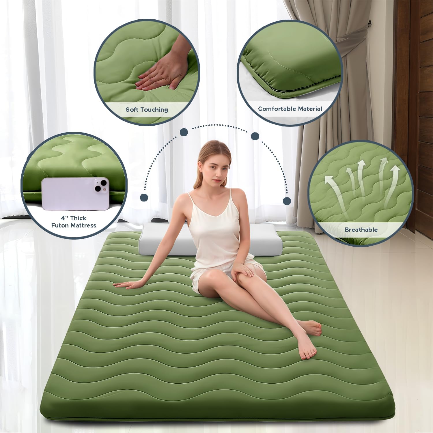 Japanese Floor Mattress, 100% High Density Comfortable Foam, 4" Thicken Foldable Mattress Tatami Mat Sleeping Pad