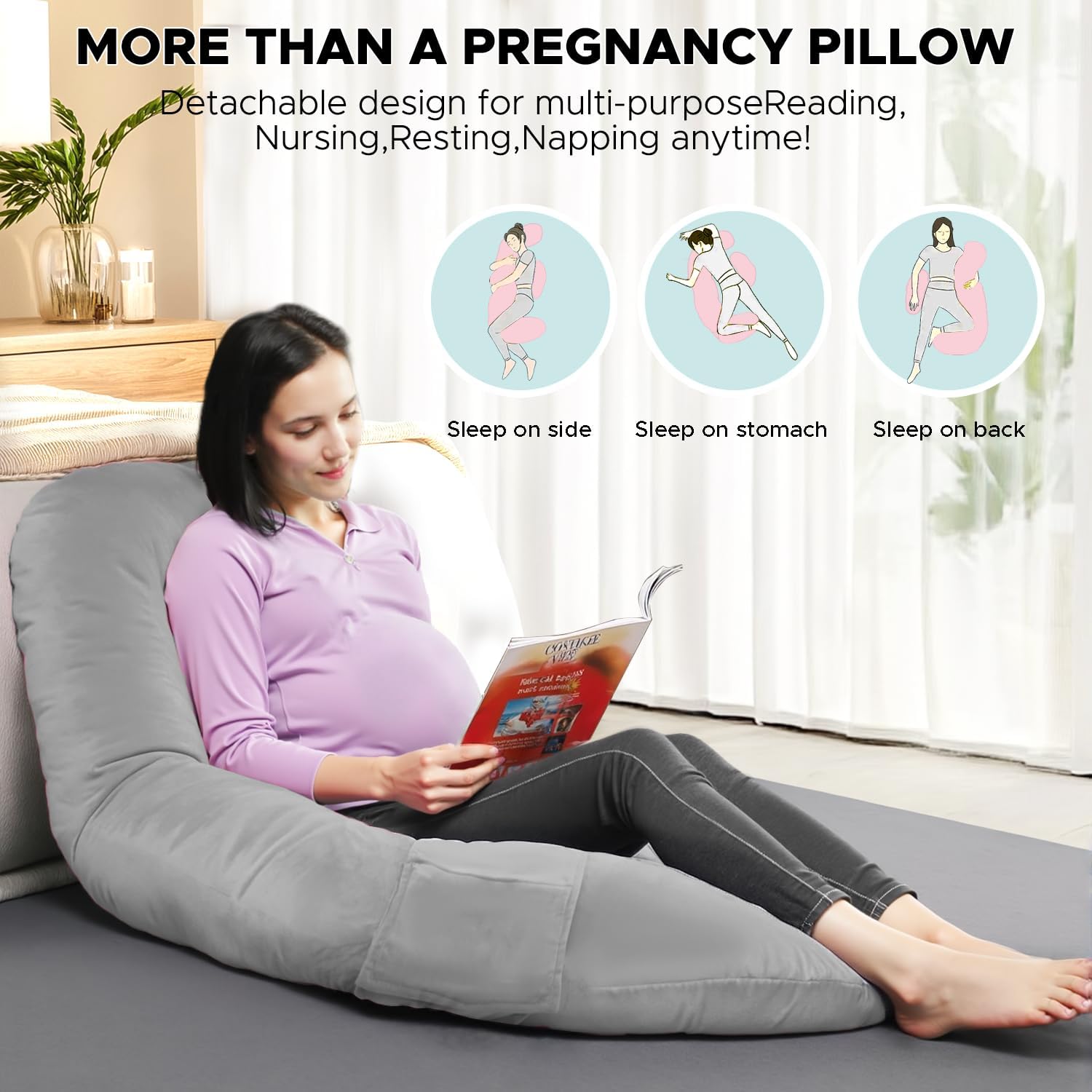 Pregnancy Pillows for Sleeping, E Shaped Maternity Pillow for Pregnant Women with Adjustable Wedge Pillow, 48 Inch Full Body Memory Foam Pillow for Side Sleeping with Washable Cover, Grey Velvet