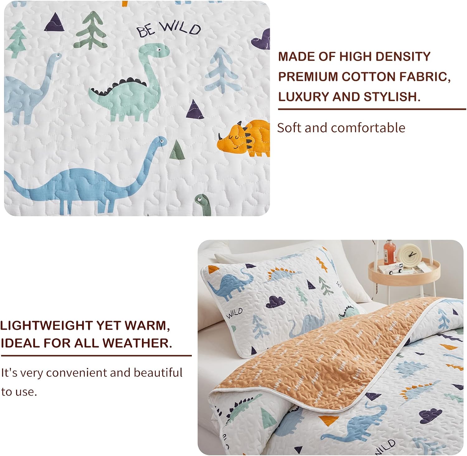 2-Piece Cotton Quilt Set Twin, Cute Dinosaur Reversible Design for Kids Boys n Girls, Breathable Skin-friendly Quilt Bedspread Bed Cover for All Season