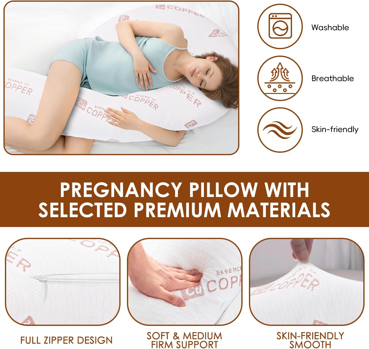 SCHNAUZER HOME Body Pillow for Adults - Soft Long Bed Pillows - Shredded Memory Foam & Removable Washable Cover - Swan Shaped Pregnancy Side Sleeper Pillow 49 Inch with Extra Pillowcase (Copper)