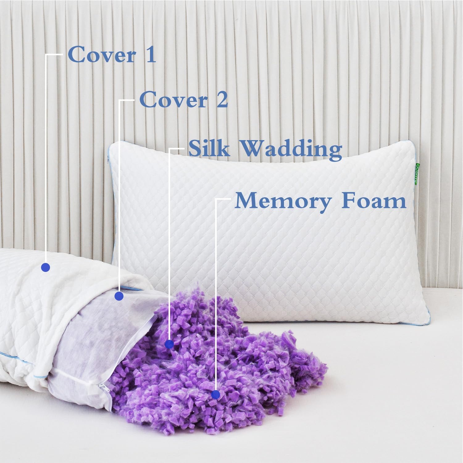 Shredded Memory Foam Pillows for Sleeping 2 Pack - Cooling Bed Pillows Standard Size Set of 2