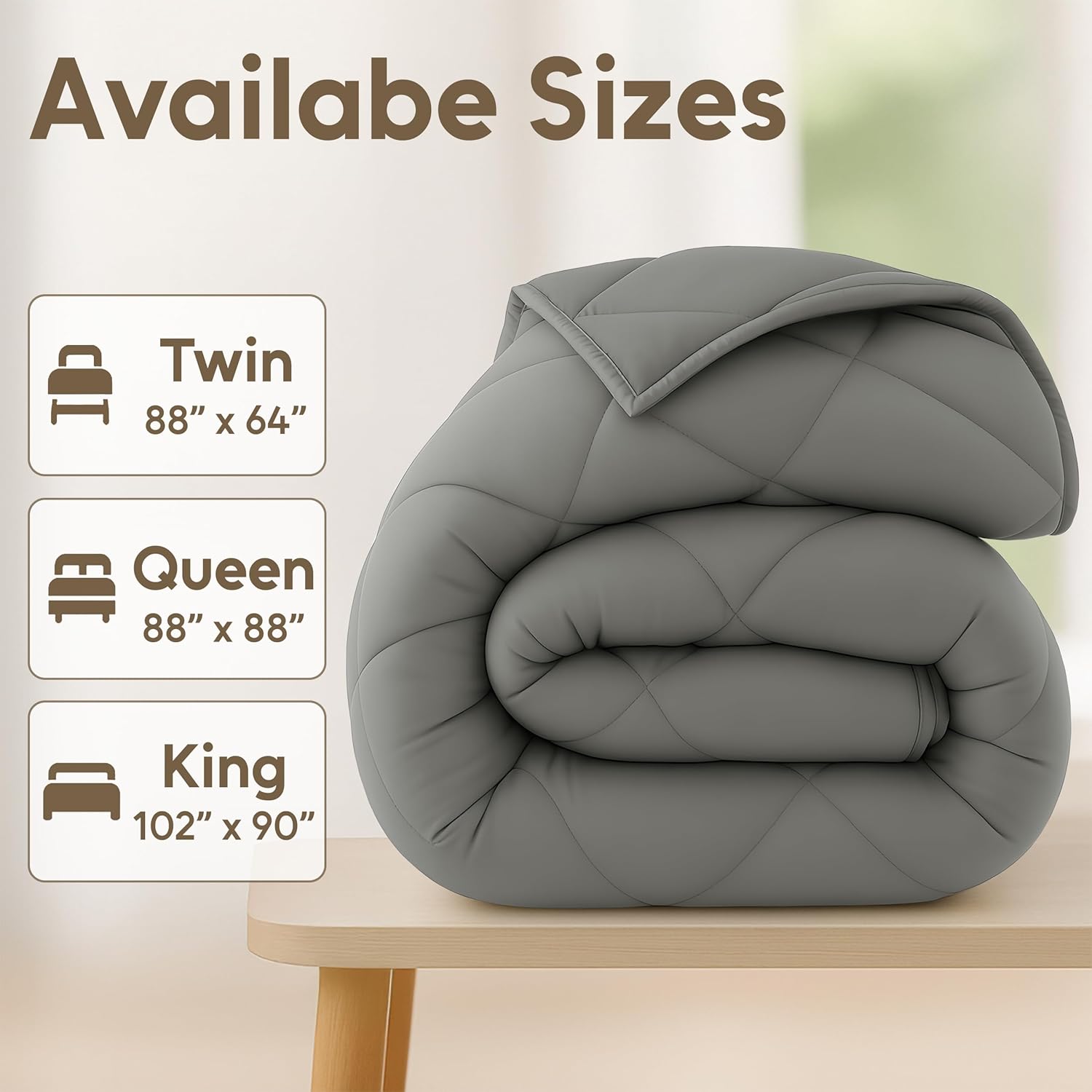 Soft Breathable Down Alternative Diamond Stitched, All Season Grey Comforter with Double Stitched Piping