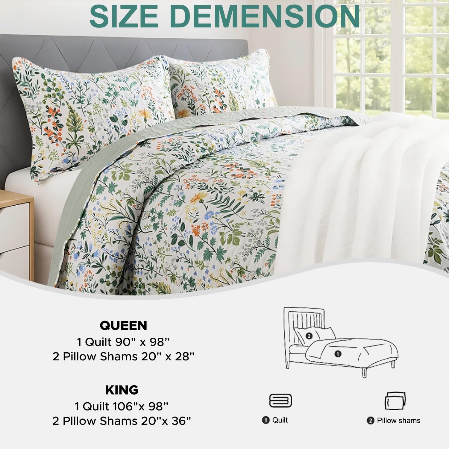 100% Cotton Quilt Set Full Queen Size 3 Piece, Garden Style Floral Printed Bedding Coverlet Set, Lightweight Soft Reversible Bedspread Sets for All Season (1 Quilt & 2 Pillow Shams)