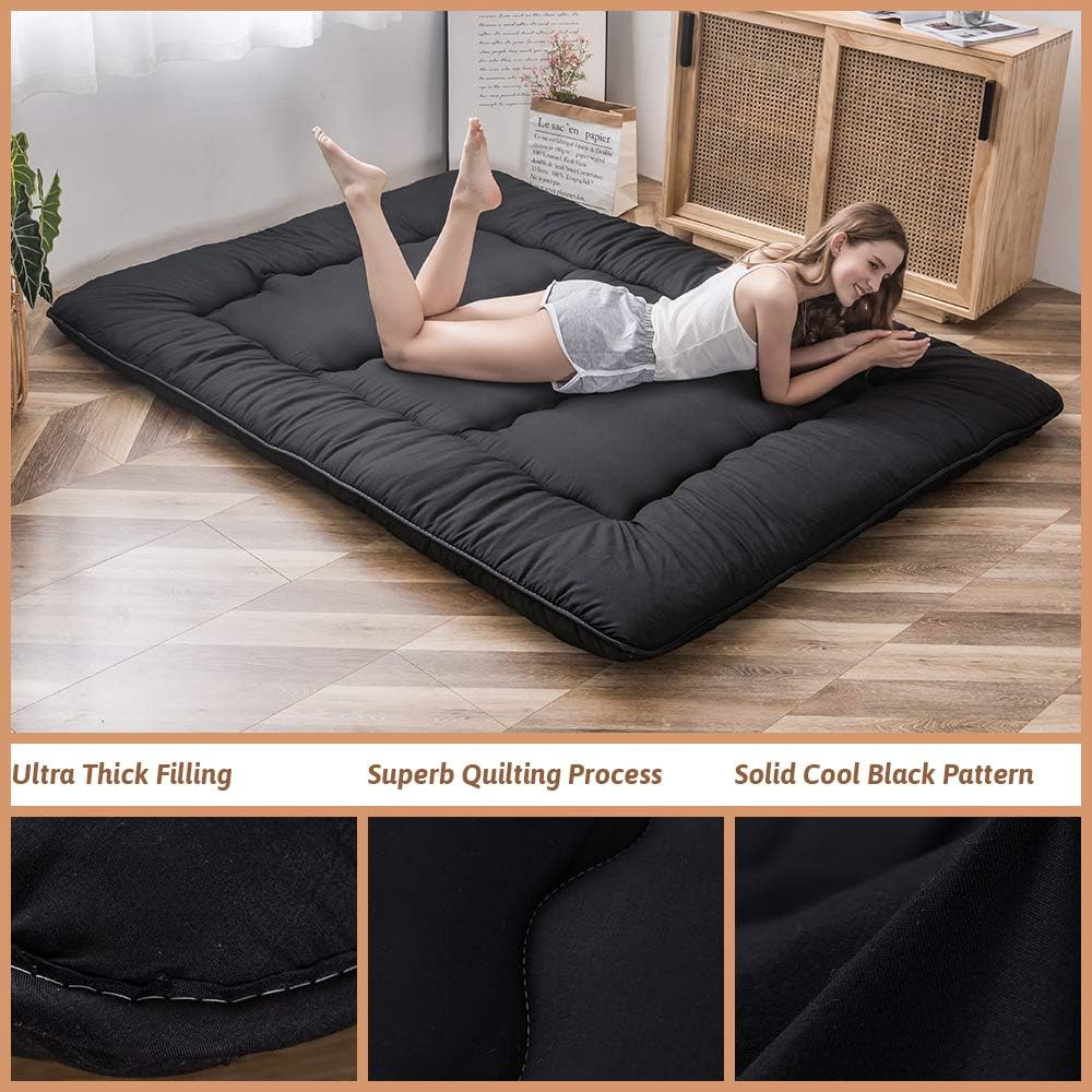 Japanese Floor Mattress Futon Mattress, 4" Thicken Tatami Mat Sleeping Pad Foldable Roll Up Mat Boys Girls Dormitory Pad Kids Floor Lounger Pillow Bed, Black, Full
