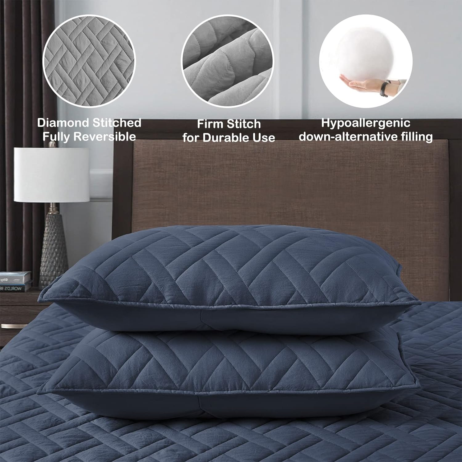 Quilt Set Queen Size Navy Blue, Classic Geometric Diamond Stitched Pattern, Ultra Soft Microfiber Lightweight Bedding Bedspread Coverlet for All Season with 1 Quilt 2 Pillow Shams