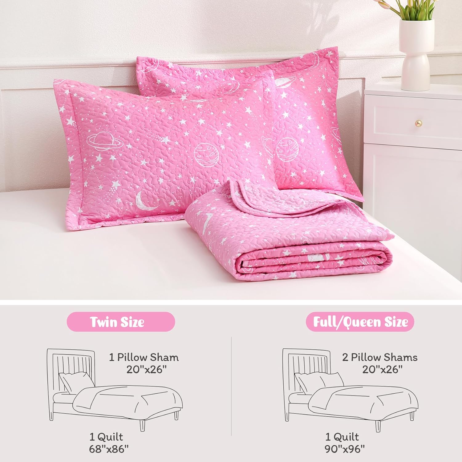 Gradient Pink Stars Kids Quilt Set Full/Queen, Space Theme Girls Bedspread Coverlet with Pillow Shams, Soft Lightweight Summer Quilted Blanket