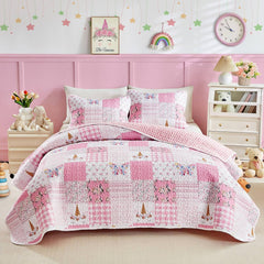 Quilt Set for Girls, Pink Butterflies n Flowers Patchwork Design, 2 Pieces Soft n Cozy Microfiber Quilt, Bedspread Bed Cover for All Seaso