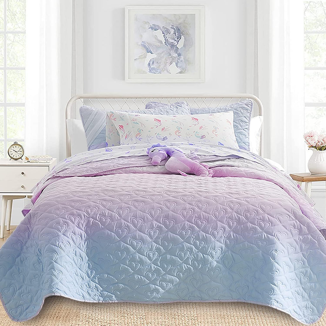 Quilt Set Full Queen Size 3 Piece, Bailey Pattern Printed Bedding Coverlet Set, Lightweight Soft Reversible Bedspread Sets for All Season (1 Quilt & 2 Pillow Shams)