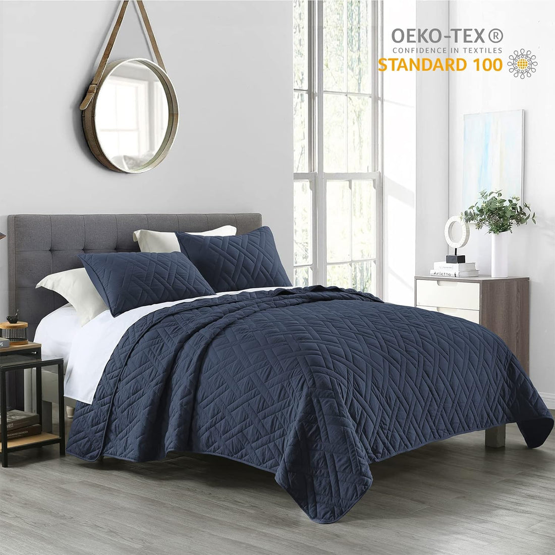 Quilt Set Queen Size Navy Blue, Classic Geometric Diamond Stitched Pattern, Ultra Soft Microfiber Lightweight Bedding Bedspread Coverlet for All Season with 1 Quilt 2 Pillow Shams