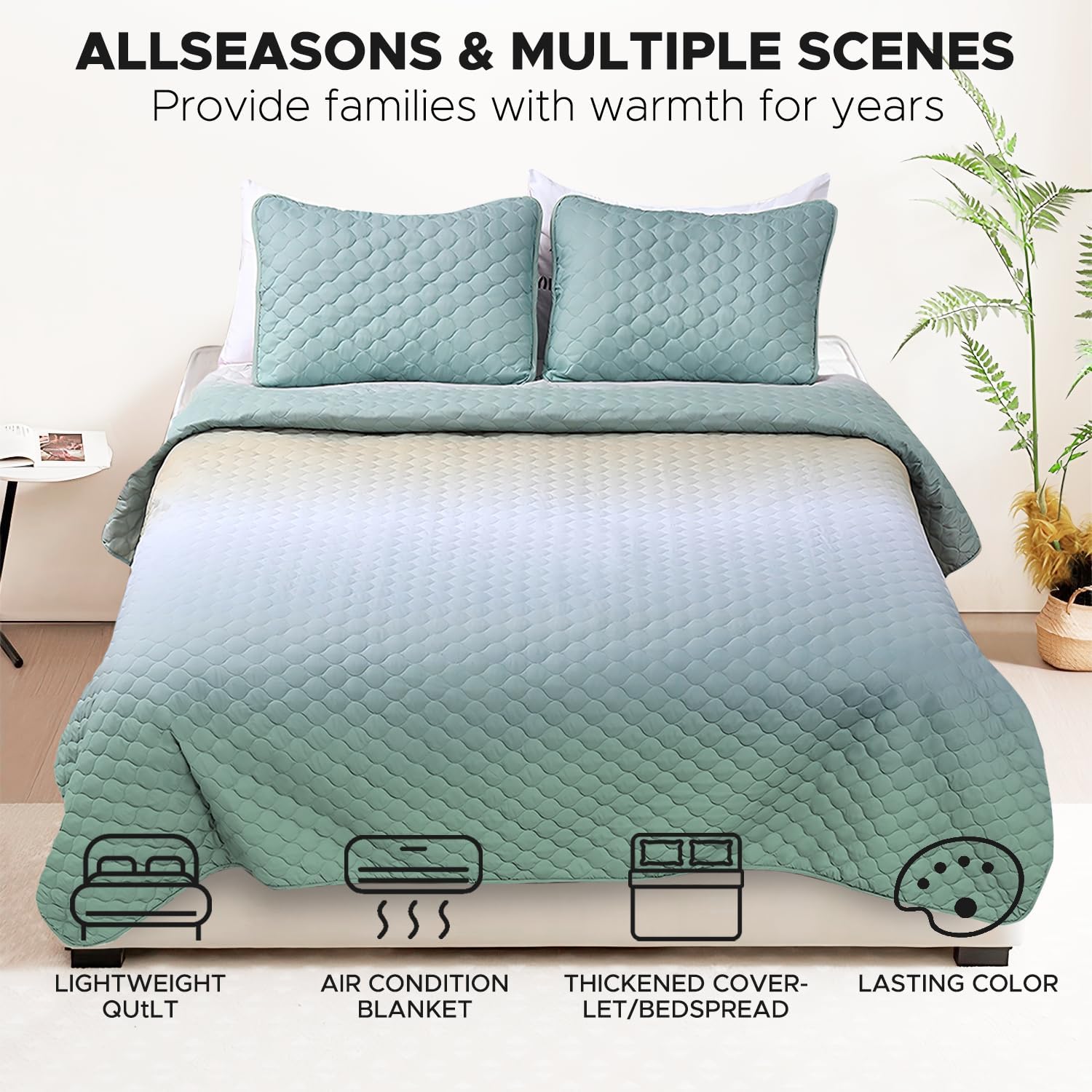 Quilt Set Full Queen Size 3 Piece, Gradient Green Pattern Printed Bedding Coverlet Set, Lightweight Soft Reversible Bedspread Sets for All Season (1 Quilt & 2 Pillow Shams)