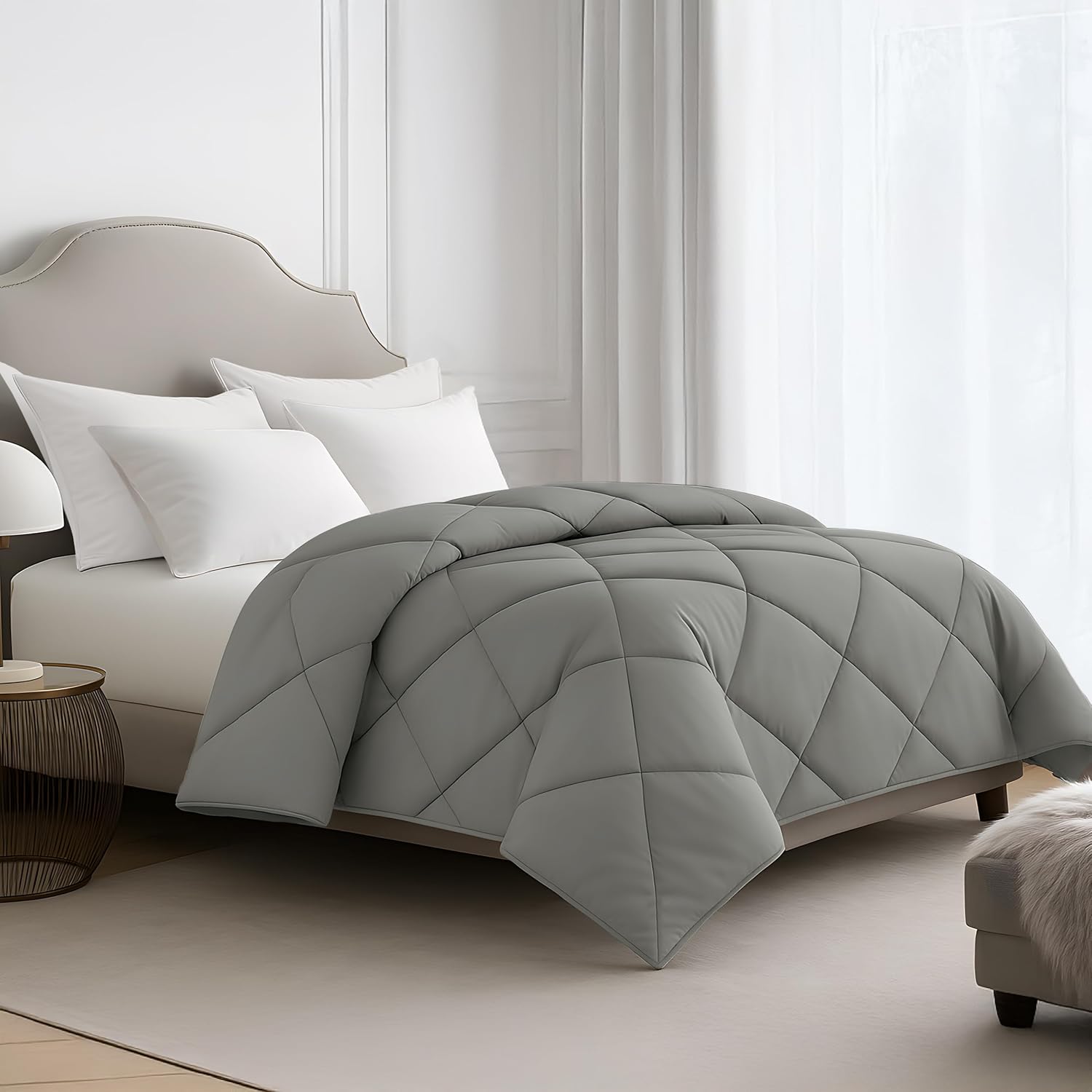 Soft Breathable Down Alternative Diamond Stitched, All Season Grey Comforter with Double Stitched Piping