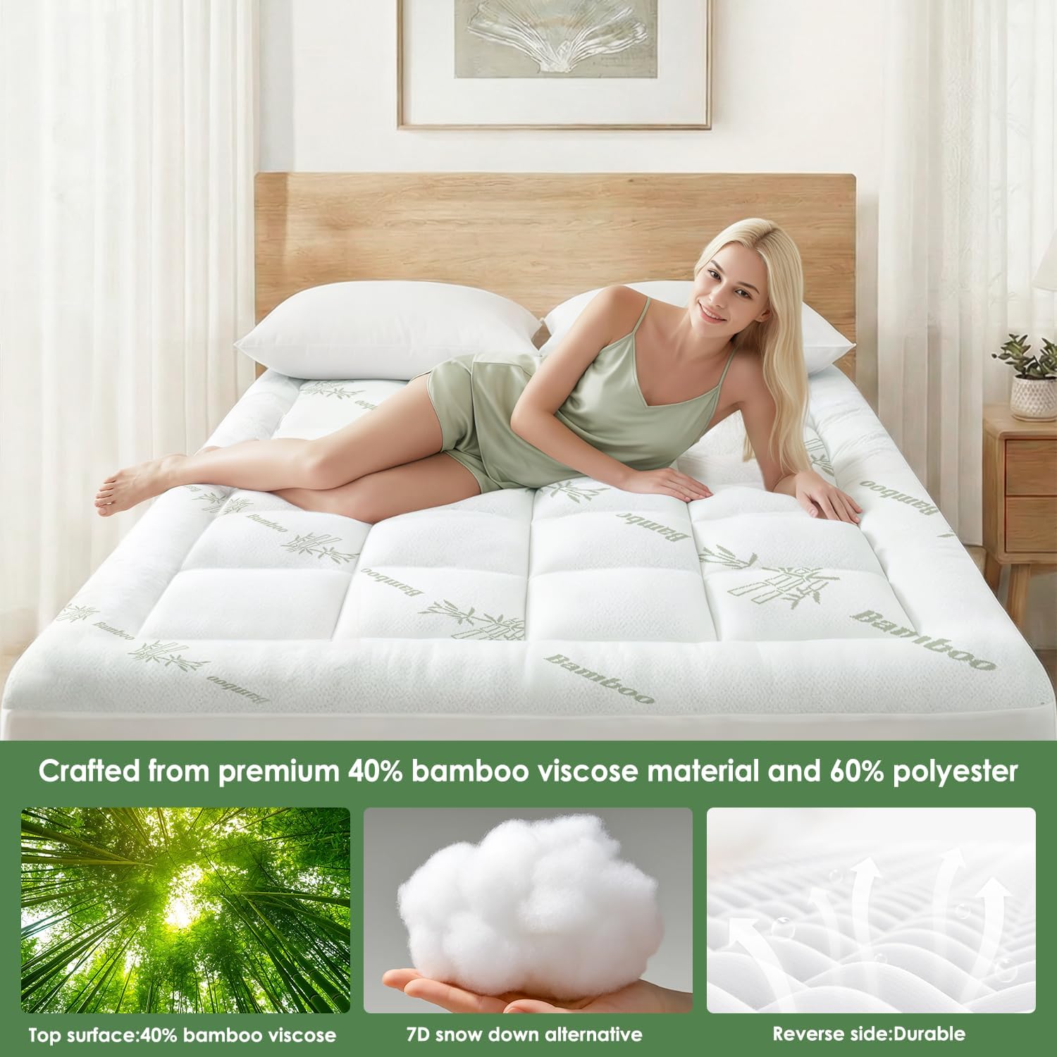 Queen Mattress Topper Viscose Derived from Bamboo, Cooling Thick Pillow Top Mattress Pad with Deep Pocket for 8"-18" Mattress, Soft Breathable Mattress Topper for Back Pain Relief, Green