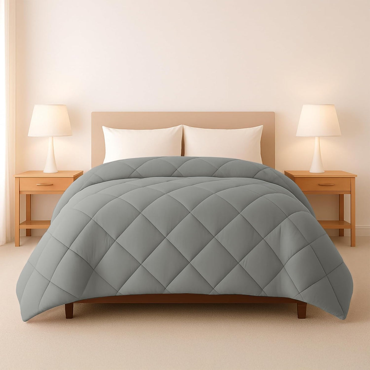 Soft Breathable Down Alternative Diamond Stitched, All Season Grey Comforter with Double Stitched Piping