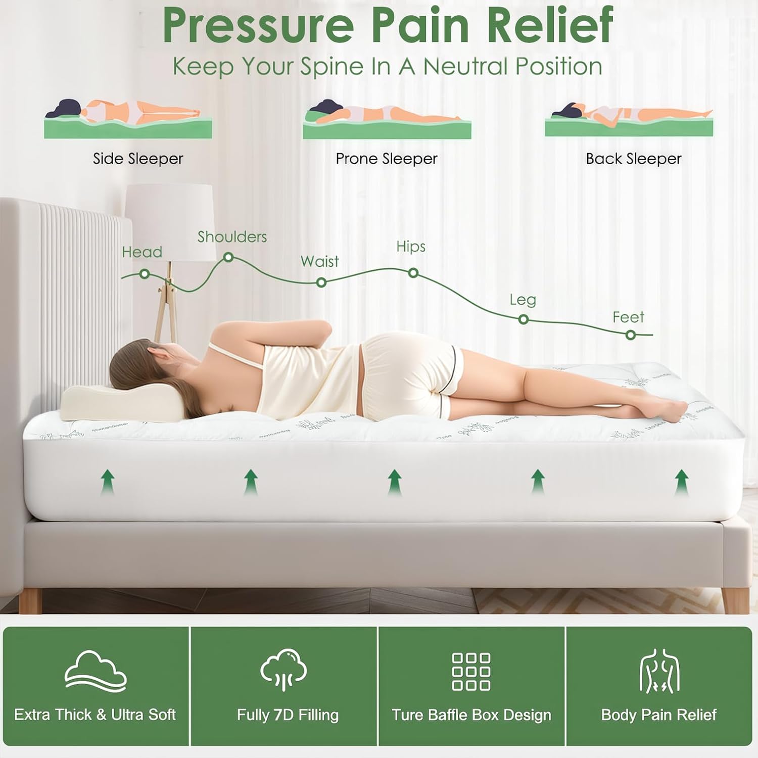 Queen Mattress Topper Viscose Derived from Bamboo, Cooling Thick Pillow Top Mattress Pad with Deep Pocket for 8"-18" Mattress, Soft Breathable Mattress Topper for Back Pain Relief, Green