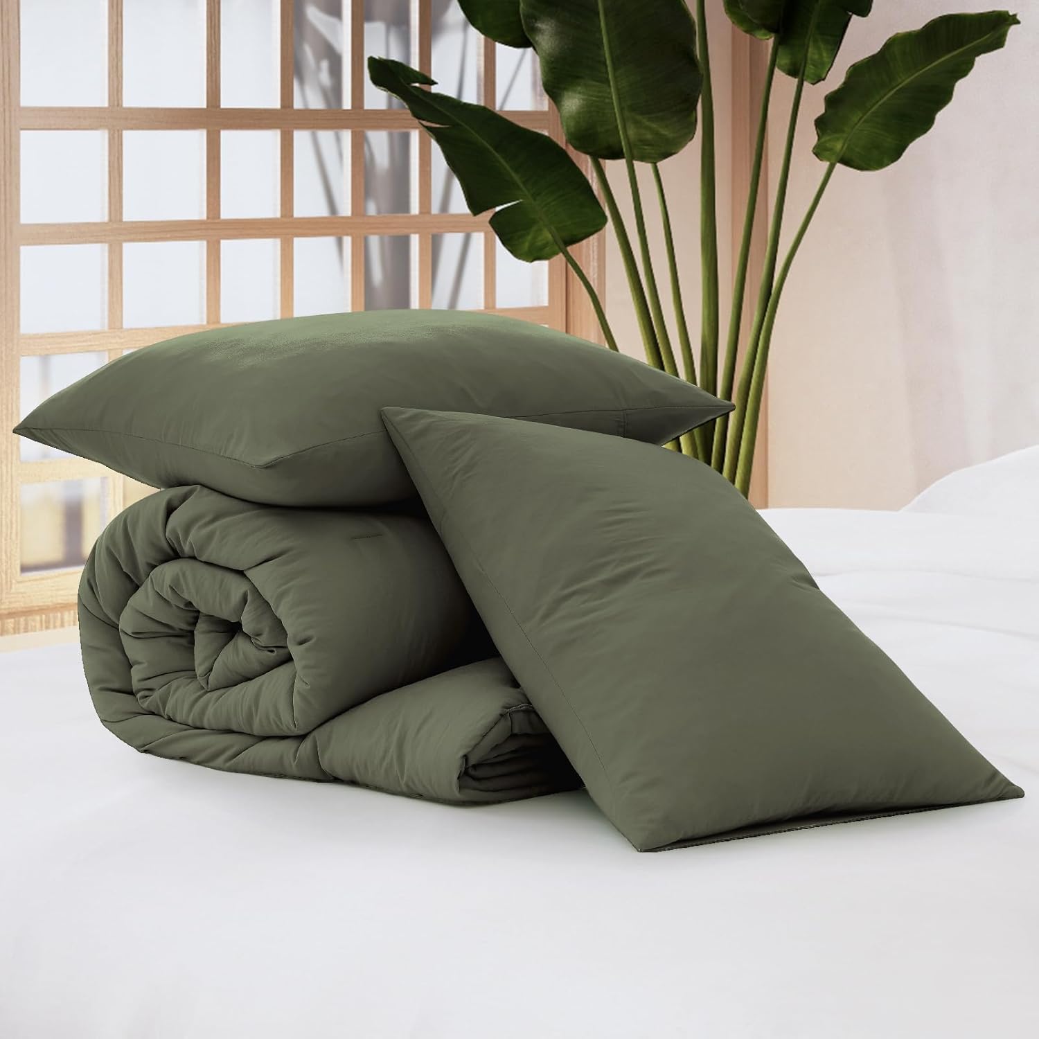 Comforter Set - 3 Pieces Prewashed Olive Green Comforter Soft Lightweight for All Seasons