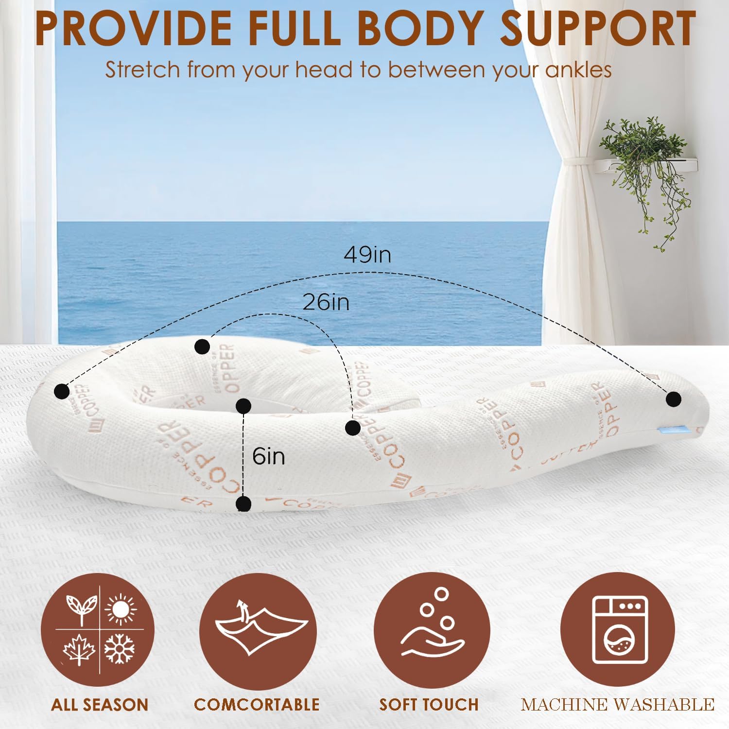 SCHNAUZER HOME Body Pillow for Adults - Soft Long Bed Pillows - Shredded Memory Foam & Removable Washable Cover - Swan Shaped Pregnancy Side Sleeper Pillow 49 Inch with Extra Pillowcase (Copper)