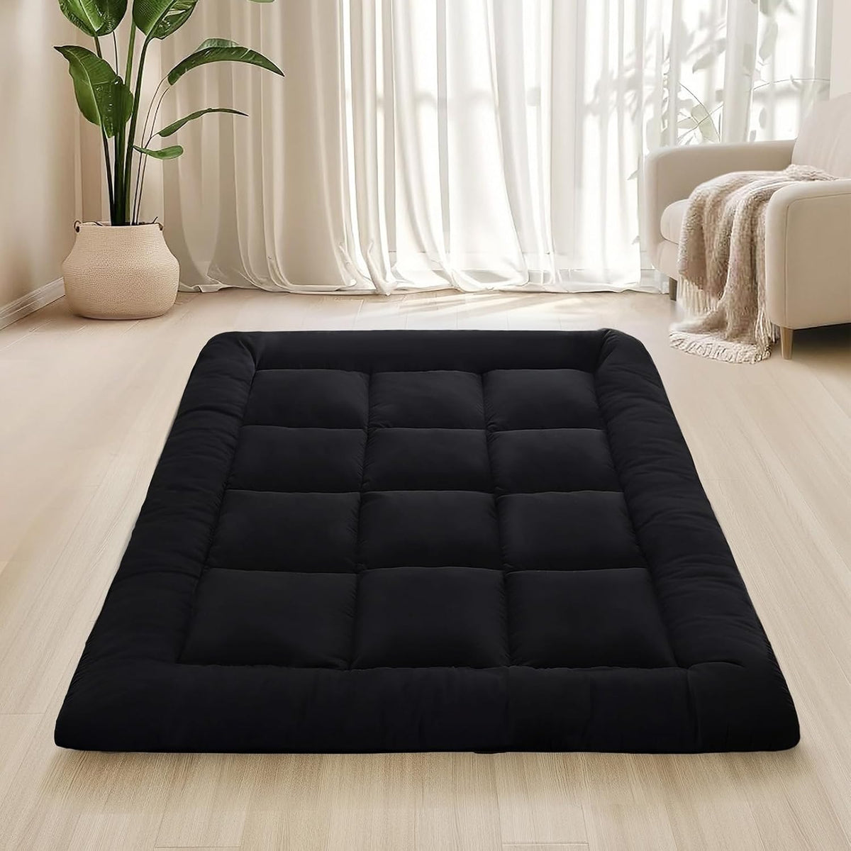 Japanese Floor Mattress Foldable & Portable Roll Up Futon Mattress 3" Black Tatami Mat for Adult and Kids