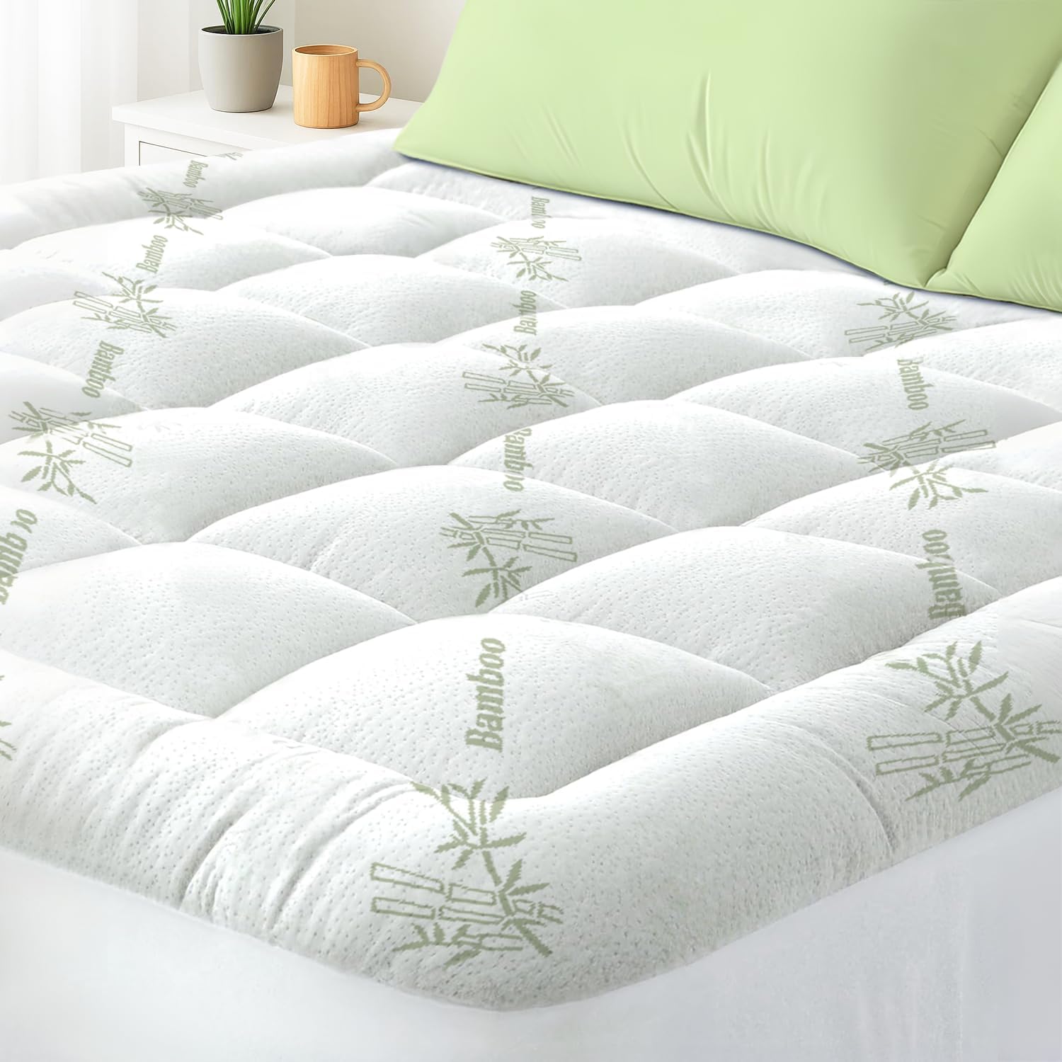 Queen Mattress Topper Viscose Derived from Bamboo, Cooling Thick Pillow Top Mattress Pad with Deep Pocket for 8"-18" Mattress, Soft Breathable Mattress Topper for Back Pain Relief, Green