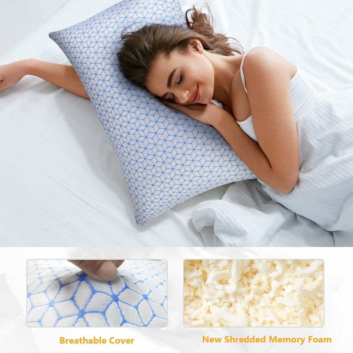 Shredded Memory Foam Pillows Queen Size Set of 2, Cooling Firm Pillows Queen Size 2 Pack for Bed
