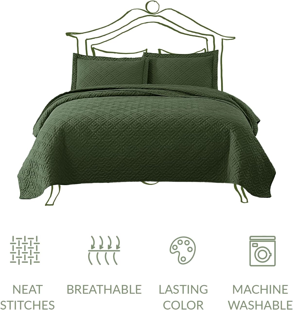 Quilt Set Full Quilts Queen Size Olive Green 3 Piece,Lightweight Soft Coverlet Modern Style Squares Pattern Bedspread Set