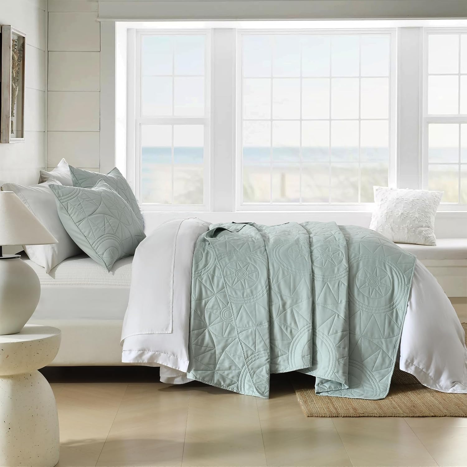 Steppdecken-Set (173,2 x 218,4 cm) – leichte Tagesdecke aus Mikrofaser in Salbeigrün mit 1 Kissenbezug