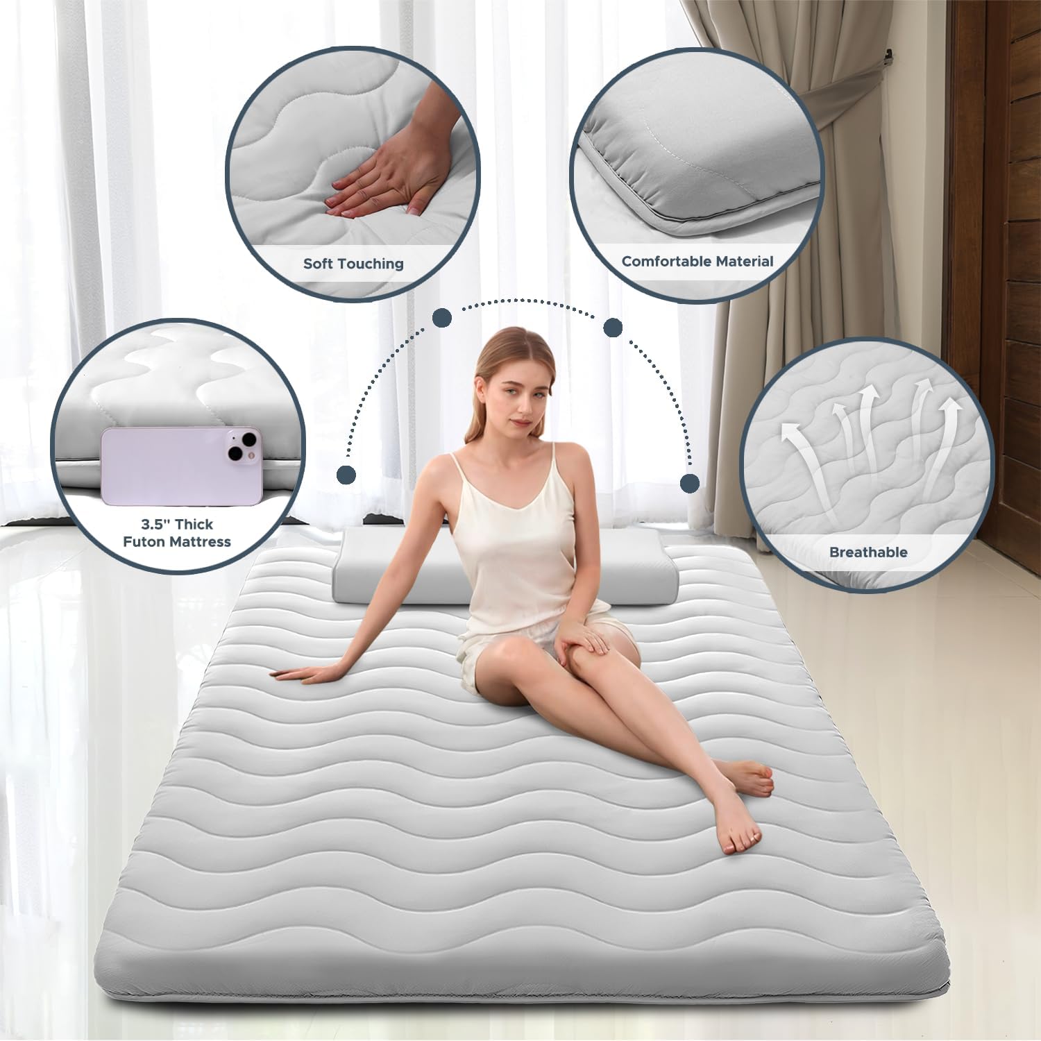 Japanese Futon Floor Mattress, 100% High Density Comfortable Foam, 3.5 Thicken Foldable Mattress Tatami Mat Sleeping Pad, Ideal for Comfort and Suppo