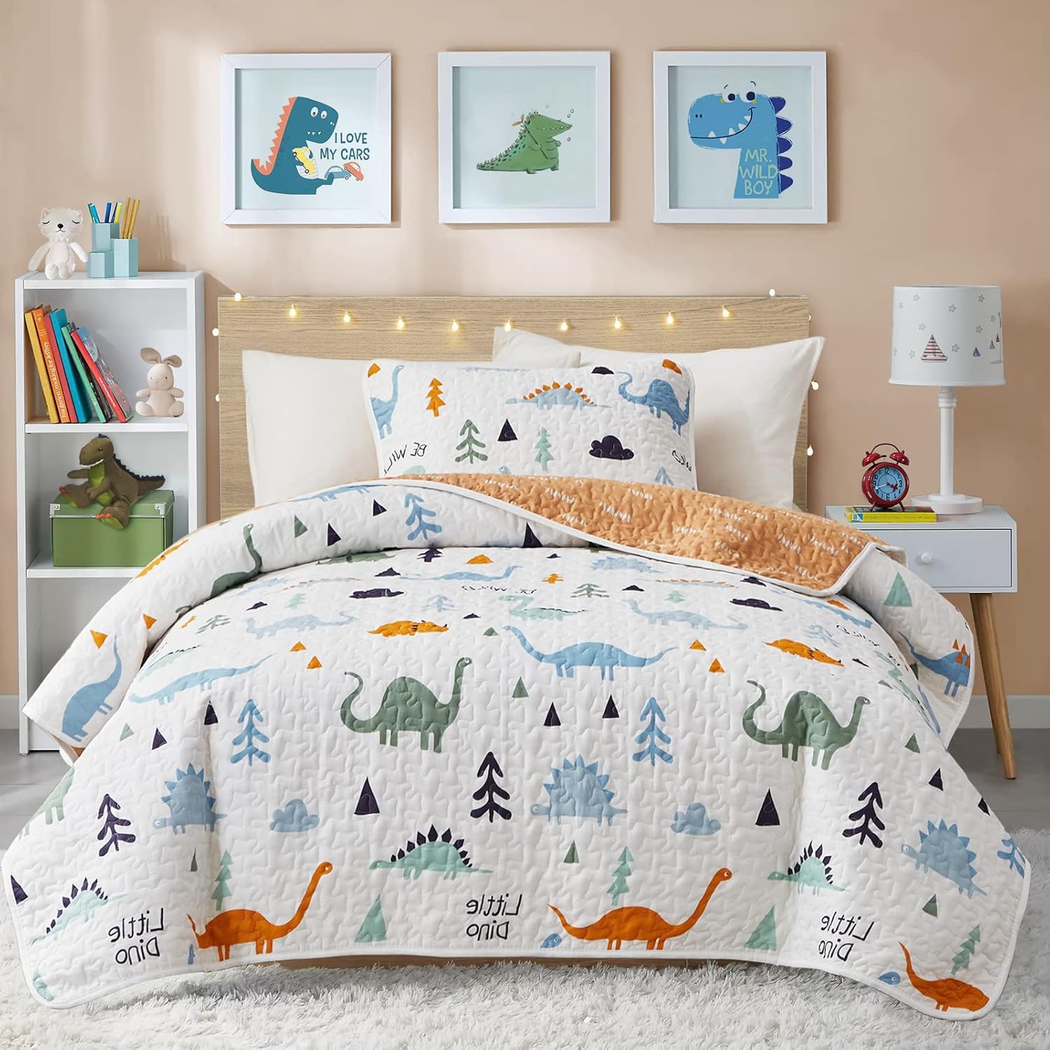 2-Piece Cotton Quilt Set Twin, Cute Dinosaur Reversible Design for Kids Boys n Girls, Breathable Skin-friendly Quilt Bedspread Bed Cover for All Season