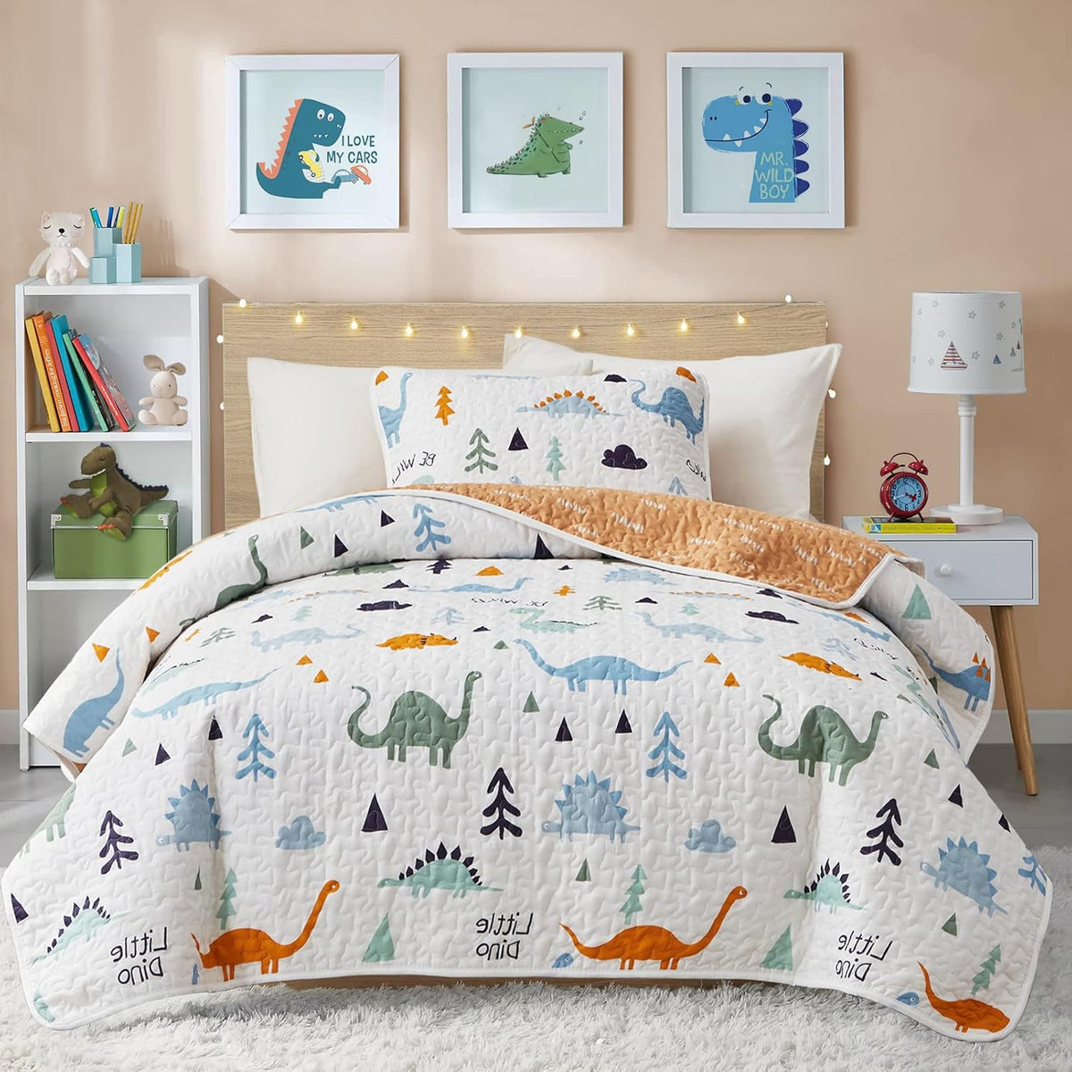 2-Piece Cotton Quilt Set Twin, Cute Dinosaur Reversible Design for Kids Boys n Girls, Breathable Skin-friendly Quilt Bedspread Bed Cover for All Season