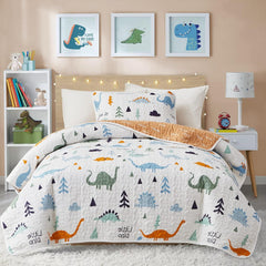 2-Piece Cotton Quilt Set Twin, Cute Dinosaur Reversible Design for Kids Boys n Girls, Breathable Skin-friendly Quilt Bedspread Bed Cover for All Season