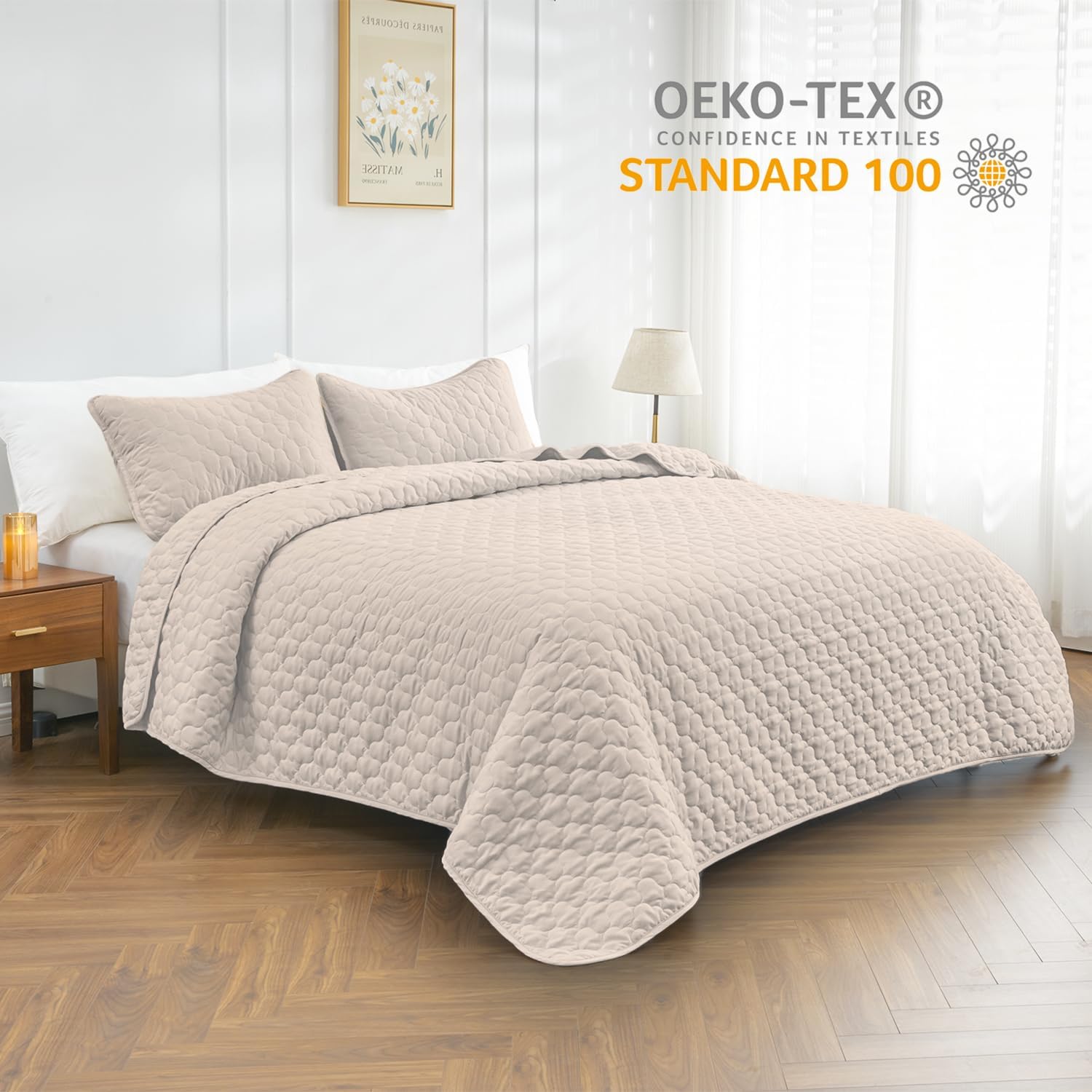 Quilt Set Full Queen Size 3 Piece, Khaki Pattern Printed Lightweight Soft Bedspread Coverlet, Quilted Blanket Thin Comforter Bed Cover for All Season (1 Quilt & 2 Pillow Shams)